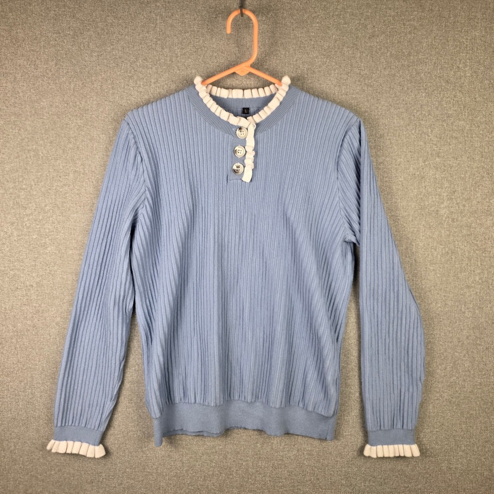 Arach & Cloz Womens Blue Ribbed Ruffle Trim Henley Sweater Top Size L